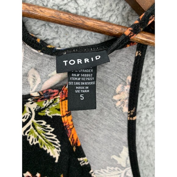 TORRID 5 Spaghetti Strap Black Orange Floral Tiered Tie-Neck Blouse Top Drapey - Picture 2 of 10